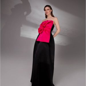 Long black dress with pink bow