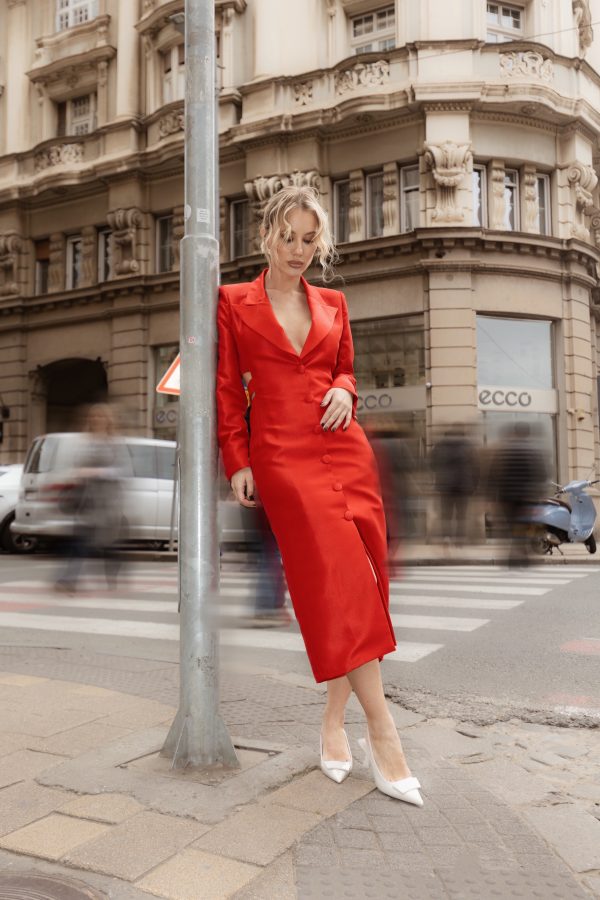 Midi Coat Red Dress With Open Waist