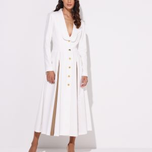 Midi light coat dress with brown details - Image 2