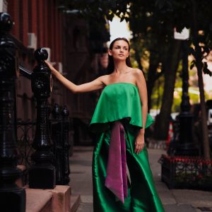 Set (pants and top) in green color with lila belt - Image 2